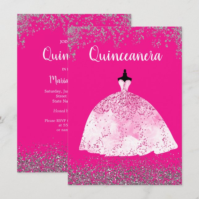 Söt Rosa Dress Quinceañera 15-årsdagen Inbjudan (Fram/baksida)