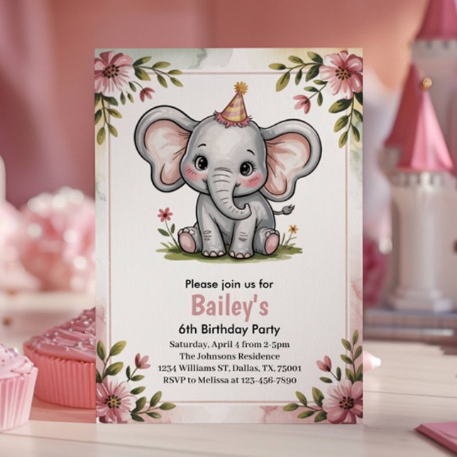 Söt rosa elefant - 6-års födelsedagsfest för barn inbjudningar (Skapare uppladdad)