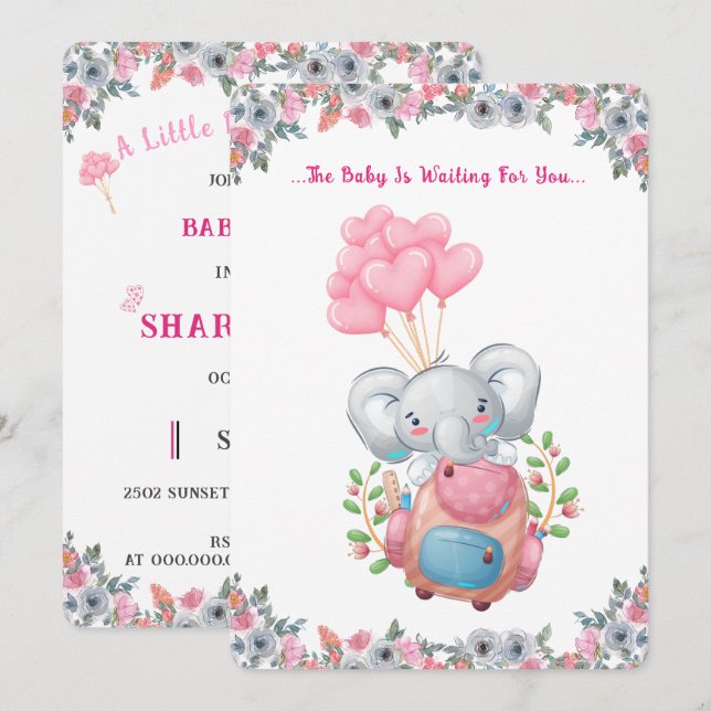 Söt Rosa Elefant Baby Shower Inbjudan (Fram/baksida)