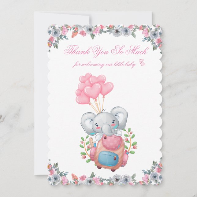 Söt Rosa Elefant Babyfirande Tacksamhetskort Inbjudningar (Framsida)