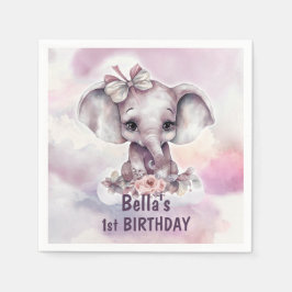 Söt Rosa Elefant Babyflicka 1-års Födelsedagsfest Pappersservett