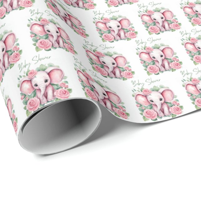 Söt Rosa Elefant Babyflicka Bebis Babyshower Prese Presentpapper (Rullad Hörn)