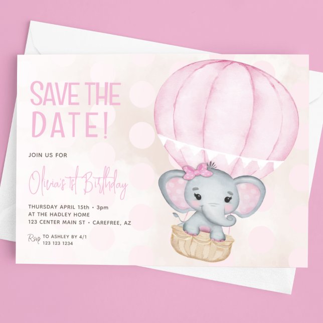Söt Rosa Elefant Ballong 1-års Födelsedag Spara Datumet (Skapare uppladdad)