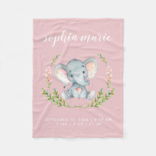 Söt Rosa Elefant Bebis Flickas Födelse Statistik Fleecefilt