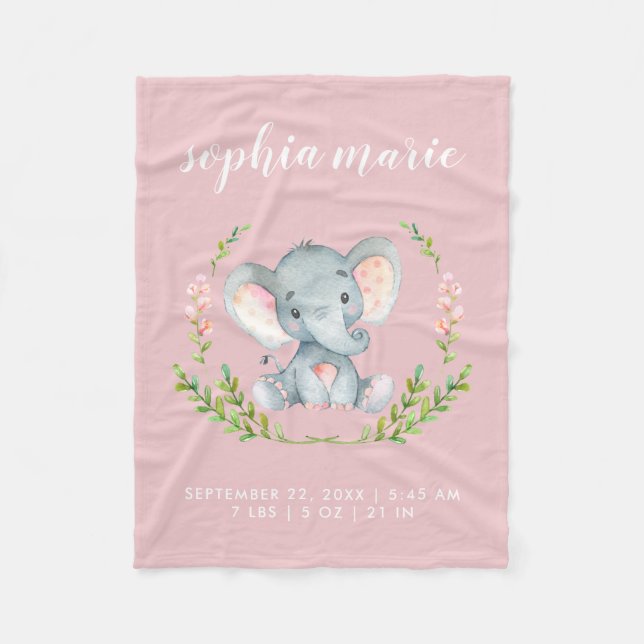Söt Rosa Elefant Bebis Flickas Födelse Statistik Fleecefilt (Framsidan)