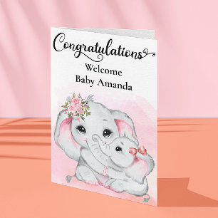 Söt Rosa Elefant Mamma Bebis Grattis  Kort