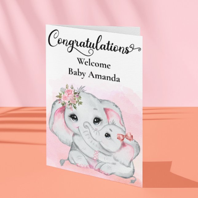 Söt Rosa Elefant Mamma Bebis Grattis  Kort (Skapare uppladdad)