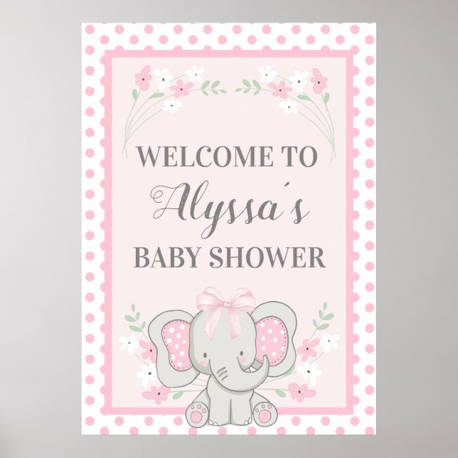 Söt Rosa Elefant Prickar Blommor Bebis Bebis Showe Poster (Framsidan)