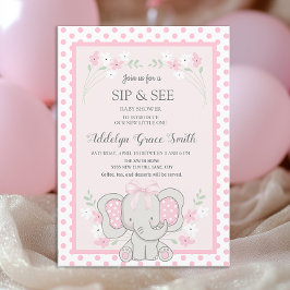 Söt rosa elefant prickar blommor klipp se bebis inbjudningar