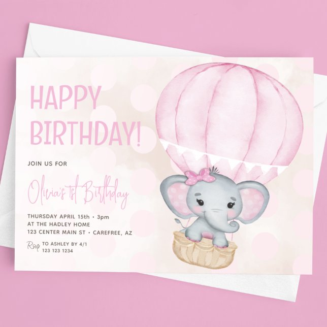 Söt Rosa Elefantballong 1-års Födelsedag Inbjudningar (Skapare uppladdad)