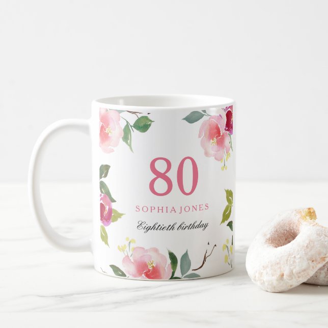 Söt Rosa Elegant Blommigt 80:e födelsedagsgåva Kaffemugg (Med munk)