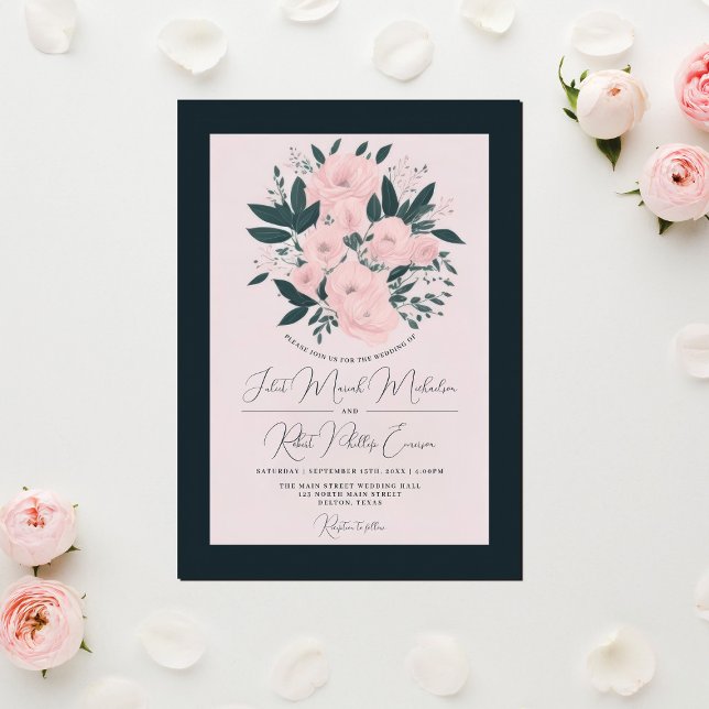 Söt Rosa Emerald Ro Peonies Bröllop Inbjudningar (Skapare uppladdad)