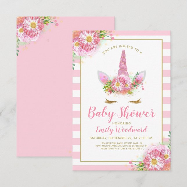 Söt Rosa Enhörningsansikte Baby Shower Inbjudan (Fram/baksida)