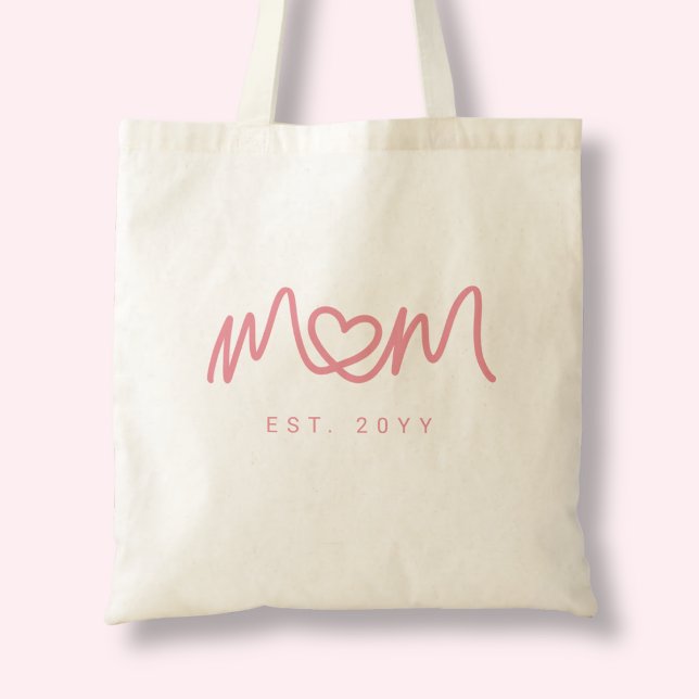 Söt Rosa Enkel Skrift Hjärtan Mamma Estigerad Est Tygkasse (Cute Pink Simple Script Heart Mom Established Est Tote Bag)