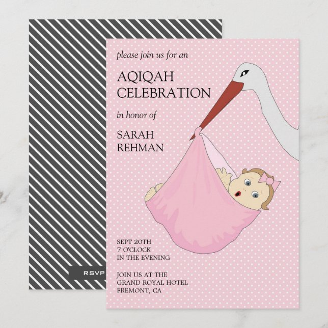 Söt rosa fågel Aqiqah för babyflicka Inbjudningar (Fram/baksida)