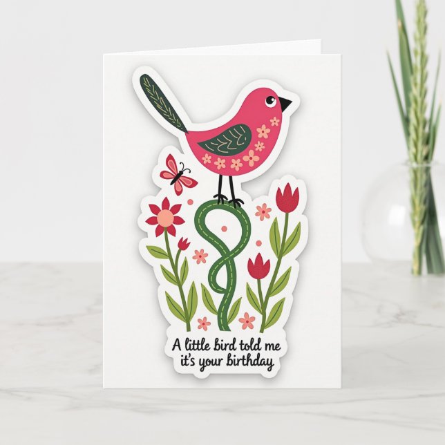 Söt Rosa Fågel Blommig Kort (Framsida)