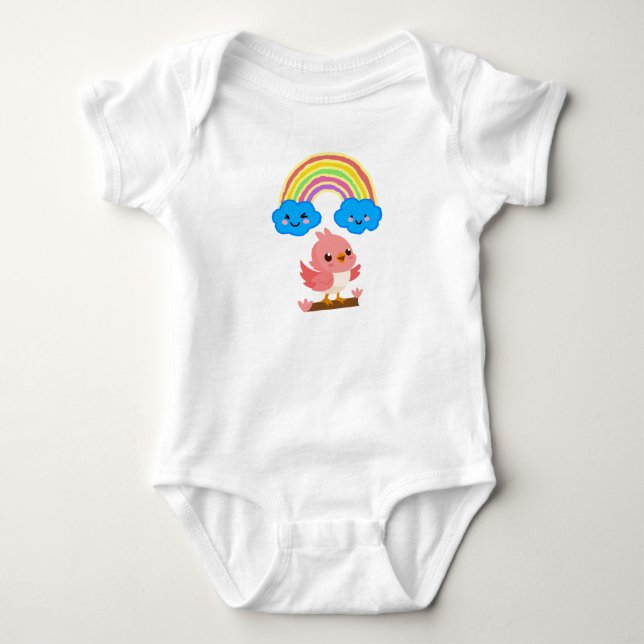 Söt Rosa Fågel & Regnbåge Babyströja T Shirt (Framsida)