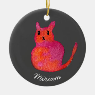 Söt rosa fantasifull katt akvarell illustration julgransprydnad keramik