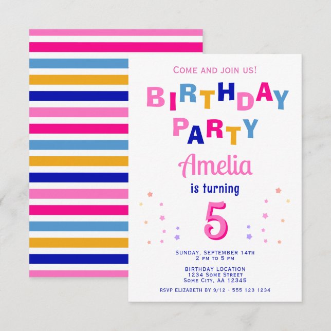 Söt Rosa Färgrik Stjärna Typografi Flickas Födelse Inbjudningar (Fram/baksida)