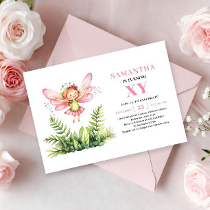 Söt rosa fe-tjej 5-års födelsedags blommig inbjuda inbjudningar