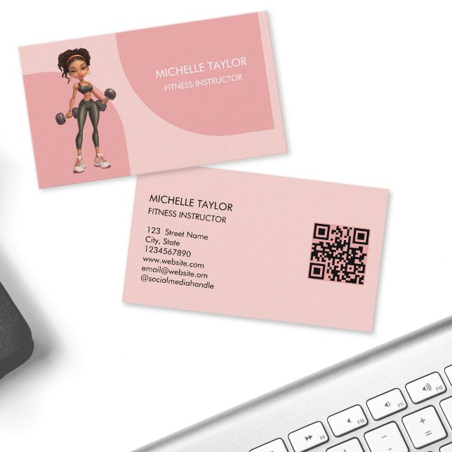 Söt Rosa Feminint Serieteckning Träningscoach Inst Visitkort (Cute Pink Girly Cartoon Fitness Coach Instructor Business Card)