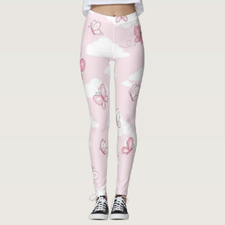Söt Rosa Fjäril Pastell Mönster Dam Yoga Leggings