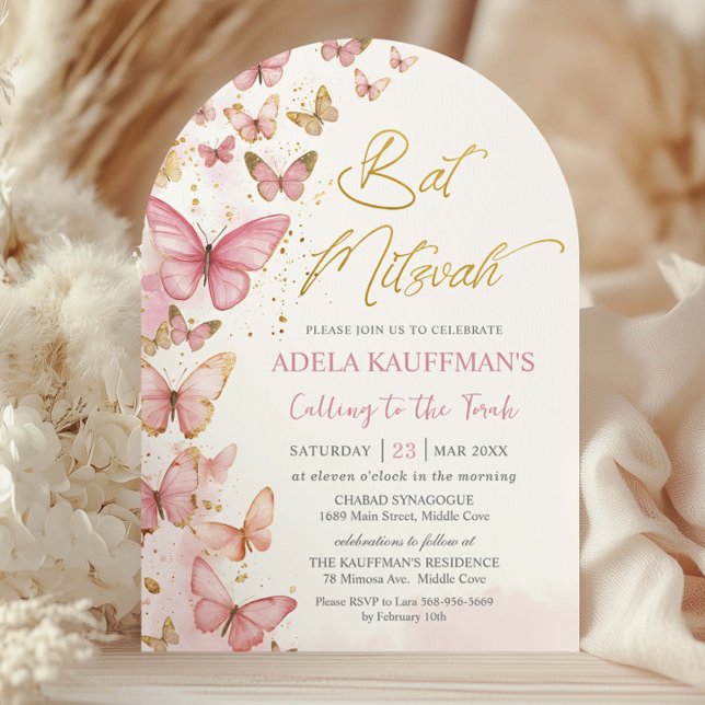 Söt Rosa Fjärilar Bat Mitzvah 13-årsdag Båge Inbjudningar (Skapare uppladdad)