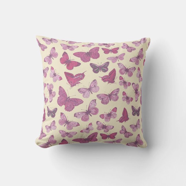Söt rosa fjärilmönster på beige kudde (Framsida)