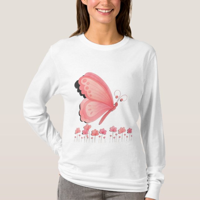 Söt Rosa Fjärilstryckt Tröja (Framsida)