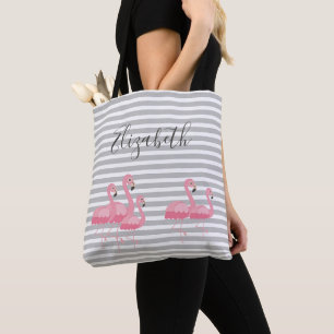 Söt Rosa Flamingo Anpassat Namn Trendig Grå Ränder Tygkasse