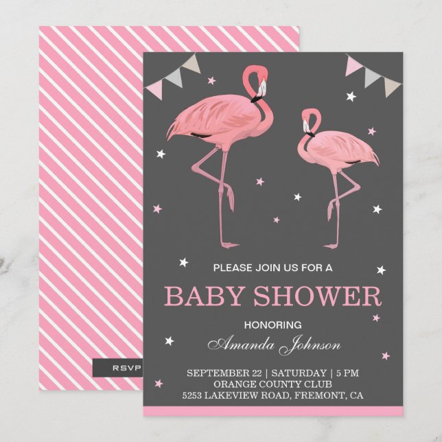 Söt Rosa Flamingo Baby Shower Inbjudan (Fram/baksida)