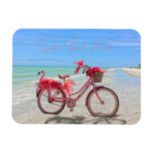 Söt Rosa Flamingo Cykel på Sanibel Island Strand Magnet
