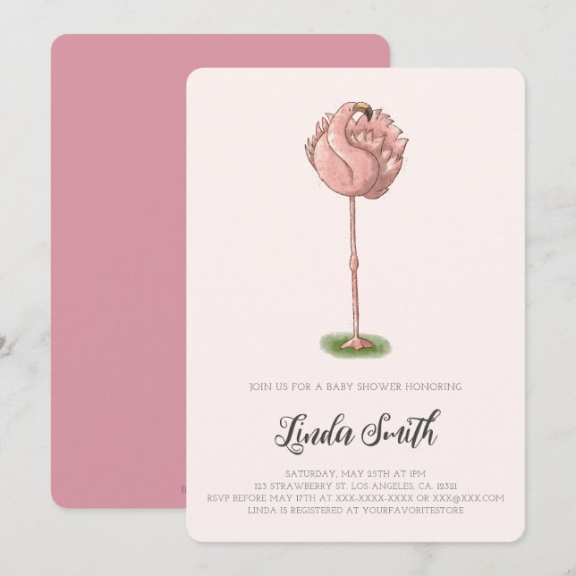 Söt Rosa Flamingo Flicka Baby Shower Inbjudningar (Fram/baksida)