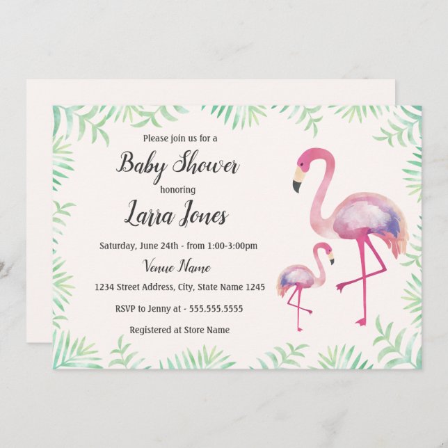 Söt Rosa Flamingo Girl Baby Shower-inbjudan Inbjudningar (Fram/baksida)