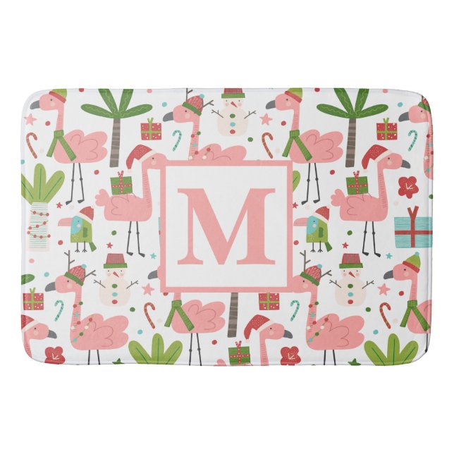 Söt rosa flamingo jul monogram initial  badrumsmatta (Framsidan)