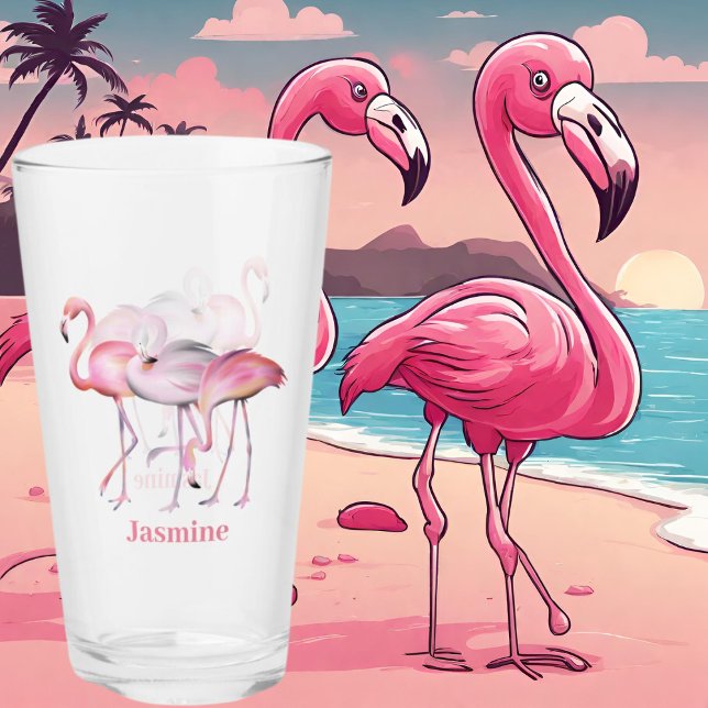 Söt rosa flamingo lägg till namn strand Glass Glaskopp (Skapare uppladdad)