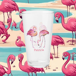 Söt rosa flamingo lägg till namn strand Glass Glaskopp