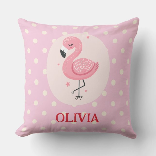 Söt rosa flamingo med prickar kudde (Framsida)