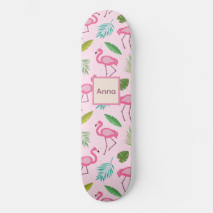 Söt rosa flamingo med tropiska blad anpassad mini skateboard bräda 18,5 cm