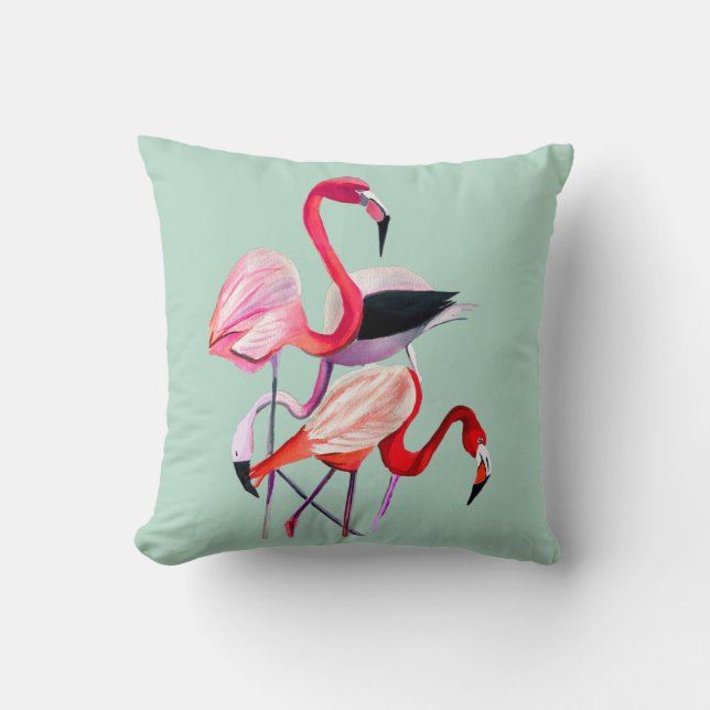 Söt rosa flamingo on blue kudde (Framsida)