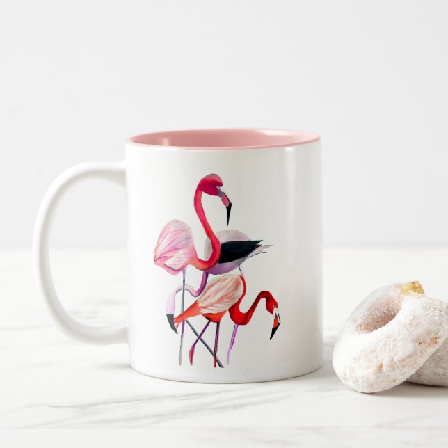 Söt rosa flamingo on blue Två-Tonad mugg (Med munk)