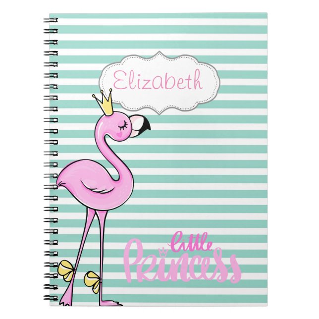 Söt Rosa Flamingo På Mintvita Ränder Anteckningsbok (Framsidan)