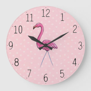 Söt Rosa Flamingo på Polka Dot-bakgrundsklockan Stor Klocka