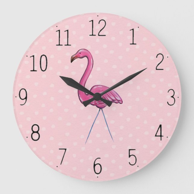 Söt Rosa Flamingo på Polka Dot-bakgrundsklockan Stor Klocka (Framsida)