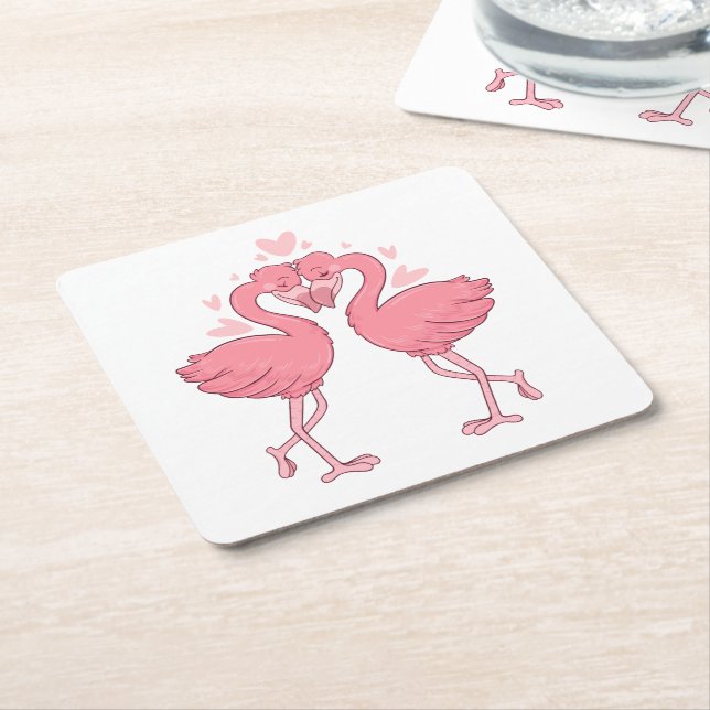 Söt Rosa Flamingo Tropisk Strandbröllop Underlägg Papper Kvadrat (Vinklad)