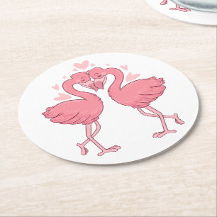 Söt Rosa Flamingo Tropisk Strandbröllop Underlägg Papper Rund