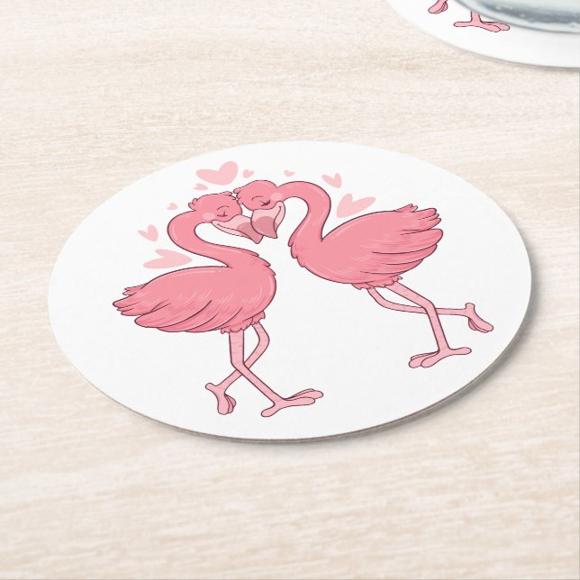 Söt Rosa Flamingo Tropisk Strandbröllop Underlägg Papper Rund (Vinklad)