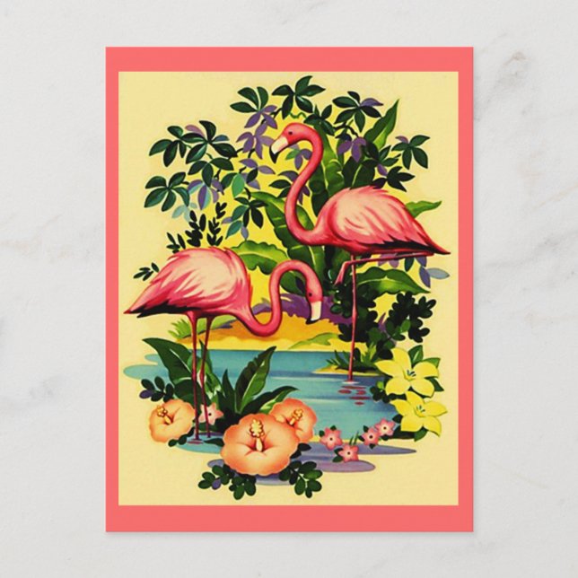SÖT ROSA FLAMINGOS IN TROPICAL SKOGTS POSTCARD VYKORT (Framsida)
