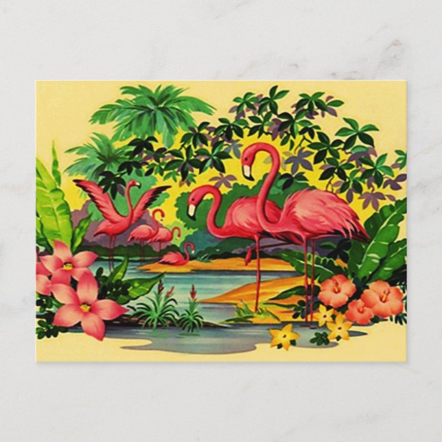 SÖT ROSA FLAMINGOS IN TROPICAL SKOGTS POSTCARD VYKORT (Framsida)