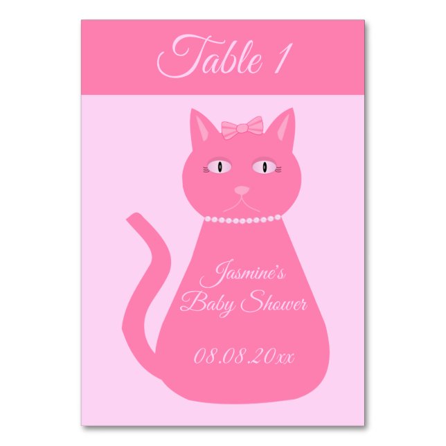 Söt Rosa Flicka Cat Anpassningsbar Baby Shower Bordsnummer (Framsidan)